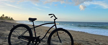 A black beach cruiser bicycle parked on the sand at golden hour, ocean and soft cloud horizon behind it.